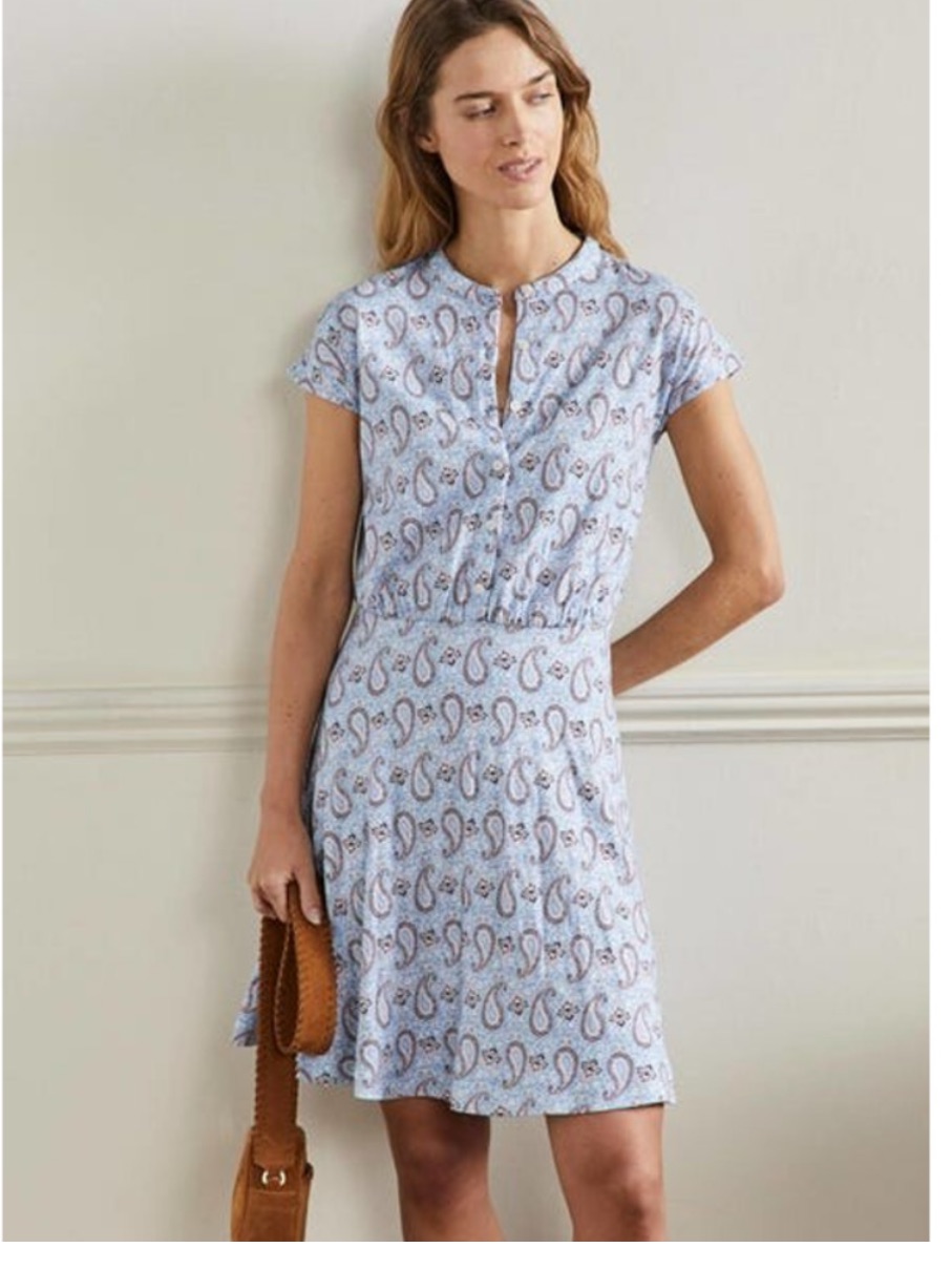 Boden Flippy Jersey Mini Dress Short Sleeve Enchanting Paisley Floral Blue Nwot